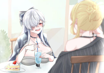 2girls absurdres bikini black_bikini black_jacket blonde_hair breasts cake choker cinderella_(beautiful_me)_(nikke) cinderella_(nikke) cleavage collar cross cross_choker dongtan_dress dress eyewear_hang food formal_clothes glasses goddess_of_victory:_nikke grave_(beautiful_you)_(nikke) grave_(nikke) grey_dress hair_over_one_eye highres jacket jacket_on_shoulders large_breasts leather_bikini long_hair metal_collar multiple_girls necklace_between_breasts nukomaronikke official_alternate_costume pinstripe_jacket pinstripe_pattern pinstripe_suit ponytail red_eyes short_ponytail soda strawberry_shortcake suit sunglasses swimsuit taut_clothes taut_dress unworn_eyewear very_long_hair white_hair