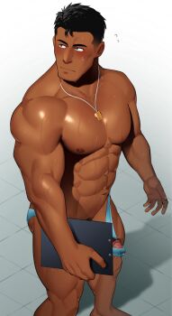 Rule 34 | 1boy, abs, bara, blue male swimwear, blush, covering crotch, covering privates, dark-skinned male, dark skin, feet out of frame, from above, highres, kansuke (kansuke 717), large pectorals, lifeguard, male focus, male swimwear, muscular, muscular male, navel, nipples, original, pectorals, precum, precum through clothes, short hair, solo, standing, stomach, swim briefs, thick eyebrows, topless male, tsurime, whistle, whistle around neck
