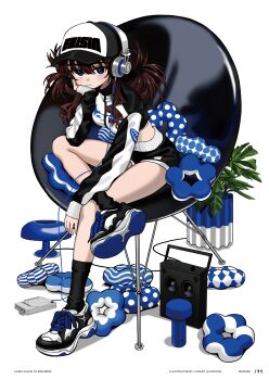1girl absurdres baseball_cap black_shorts black_socks blue_eyes blush breasts brown_hair closed_mouth cropped_jacket crossed_legs elbow_rest hat head_rest headphones highres jacket long_hair long_sleeves looking_at_viewer luicent medium_breasts original plant potted_plant shoes short_shorts shorts signature simple_background sitting sleeves_past_wrists sneakers socks solo speaker white_background