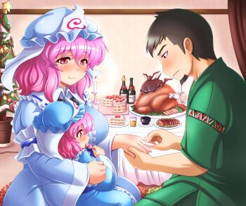 1boy 2girls age_difference artist_self-insert bad_id bad_pixiv_id black_hair blush breasts child christmas dual_persona eating facial_hair family food goatee hat impossible_clothes jewelry ko-yuyuko_(shin'en) md5_mismatch mother_and_daughter multiple_girls mystia_lorelei pink_eyes pink_hair ring saigyouji_yuyuko shin'en-san_(shin'en) shin'en_(gyokuro_company) short_hair sitting smile touhou triangular_headpiece wedding_band