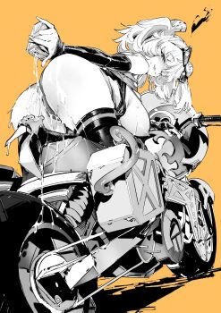 1girl ass boots breasts burnice_white commentary_request eyewear_on_head from_behind greyscale_with_colored_background high_heel_boots high_heels highres kurotsuki_machi large_breasts looking_at_viewer looking_back motor_vehicle motorcycle nipples on_motorcycle short_shorts shorts skindentation solo suggestive_fluid sunglasses thigh_boots zenless_zone_zero
