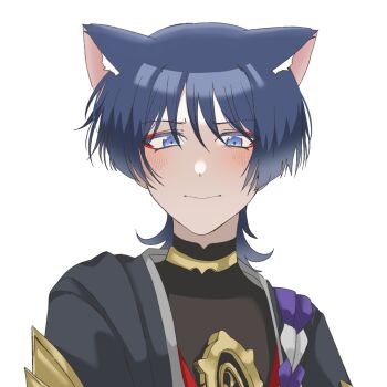 1boy animal_ear_fluff animal_ears black_bodysuit black_kimono black_sleeves blunt_ends blush bodysuit cat_boy cat_ears closed_mouth commentary_request dlgodls0731 eyeliner eyeshadow genshin_impact gold grey_hair highres japanese_clothes jewelry juban kimono korean_commentary looking_at_viewer makeup male_focus mandarin_collar neck_ring portrait purple_eyes purple_rope red_eyeliner red_eyeshadow red_kimono rope scaramouche_(genshin_impact) shimenawa single_sode solo tsurime white_background white_kimono white_rope wispy_bangs