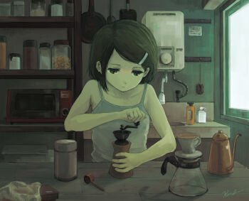 1girl brown_hair camisole coffee_grinder coffee_pot expressionless green_eyes hair_ornament hairclip jar kensight328 microwave original shadow shelf short_hair signature sink solo upper_body white_camisole window