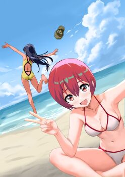2girls amate_yuzuriha ass beach bikini black_hair blue_sky breasts challia_bull cleavage cloud commentary_request day dutch_angle from_above from_behind green_hat gundam gundam_gquuuuuux hat highres horizon indian_style kinomiki medium_breasts multiple_girls ocean official_alternate_costume one-piece_swimsuit outdoors red_eyes red_hair sitting sky smile swimsuit unworn_hat unworn_headwear v white_bikini yellow_one-piece_swimsuit