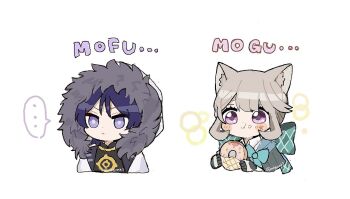 ... 1boy 1girl :t animal_ear_fluff animal_ears aqua_bow argyle_bow black_bodysuit black_capelet black_gloves blunt_bangs blush bodysuit bow bright_pupils capelet cat_ears cat_girl closed_mouth coat collar collared_shirt cropped_torso donut eating eyelashes facial_mark fatui_coat food food_on_face food_wrapper fur-trimmed_hood fur_trim genshin_impact gloves gold grey_hair holding holding_donut holding_food hood hood_up hooded_coat jewelry lapels looking_to_the_side lynette_(genshin_impact) mandarin_collar mkgnmk3 neck_ring open_clothes open_coat pink_eyes purple_eyes purple_hair scaramouche_(genshin_impact) shirt short_hair sidelocks sound_effects spoken_ellipsis star_(symbol) star_facial_mark swept_bangs tareme twitter_username white_background white_coat white_collar white_hood white_pupils wispy_bangs