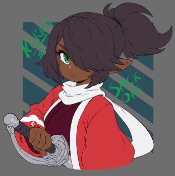 1girl artist_name character_name closed_mouth commission cropped_torso dark-skinned_female dark_skin final_fantasy final_fantasy_xiv from_side green_eyes hair_over_one_eye highres holding holding_sword holding_weapon japanese_clothes kimono lalafell looking_at_viewer medium_hair pointy_ears ponytail purple_hair rapier red_kimono sackoni scarf solo sword warrior_of_light_(ff14) weapon white_scarf