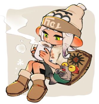 1girl beanie black_shorts boots brown_boots commentary_request cup drinking full_body fur-trimmed_boots fur_trim gradient_hair green_eyes hat highres holding holding_cup inari1369 long_hair mug multicolored_hair nintendo octoling octoling_girl octoling_player_character purple_hair salmonid shirt short_sleeves shorts sitting sitting_on_pillow smallfry_(splatoon) splatoon_(series) t-shirt tentacle_hair two-tone_hair white_hair white_hat white_shirt