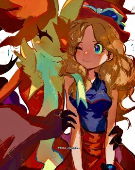 1girl blue_eyes breasts brown_hair closed_eyes commentary delphox eyewear_on_headwear gen_6_pokemon hat highres long_hair medium_breasts mega_delphox mega_pokemon nintendo one_eye_closed pokemon pokemon_xy serena_(pokemon) sunglasses twitter_username wavy_hair zs_(zero_sickkkzs)