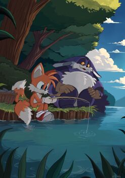 2boys animal_ears basket big_the_cat blush brown_gloves bush cat_boy cat_ears cat_tail cloud fang fat fat_man fish fishing fishing_rod fox_boy fox_ears fox_tail frog furrowed_brow furry furry_male gloves grass highres holding holding_fishing_rod lake looking_down male_focus multiple_boys multiple_tails newtmoss open_mouth purple_fur red_footwear ripples sitting sky sleeping smile sonic_(series) sweatdrop tail tails_(sonic) tree under_tree wading water white_fur white_gloves yellow_fur