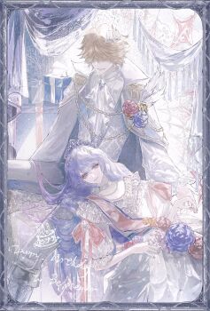 Rule 34 | 1boy, 1girl, absurdres, aiguillette, ascot, bell sleeves, belphegor (reborn), blonde hair, blue flower, blue rose, boots, border, box, cape, choker, closed mouth, corsage, covered eyes, cowboy shot, curtains, dress, dress flower, earrings, epaulettes, feathers, flower, fold-over boots, frilled dress, frilled sleeves, frills, gift, gift box, grey boots, hair over eyes, happy birthday, head chain, high collar, highres, holding hands, jewelry, katekyo hitman reborn!, knee boots, lace-up boots, lap pillow, long hair, looking at viewer, male focus, mandarin collar, nail polish, necklace, oc x canon, original, ornate border, pants, patterned clothing, pink flower, pink nails, pink ribbon, pink rose, pink sash, plume, puffy sleeves, purple hair, red flower, red rose, ribbon, ribbon choker, rose, sash, shirt, short hair, shoulder sash, sitting, smile, sunlight, sweater guard, tassel, teardrop earrings, three-quarter sleeves, tiara, vest, white ascot, white cape, white choker, white dress, white feathers, white pants, white shirt, white vest, yuchong gao