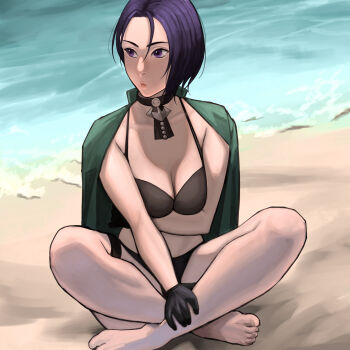 1girl alternate_costume barefoot bikini black_bikini black_choker black_gloves breasts choker closed_mouth commentary_request fire_emblem fire_emblem:_three_houses gloves green_jacket highres jacket jacket_on_shoulders lips mixed-language_commentary nanbu_yasumi nintendo pink_lips purple_eyes purple_hair shamir_nevrand short_hair sitting solo swimsuit