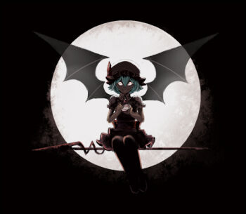 1girl atg_(wttoo0202) backlighting bad_id bad_pixiv_id bat_signal bat_wings brooch crazy_smile cup darkness dress female_focus full_moon glowing glowing_eyes hat hat_ribbon jewelry looking_at_viewer mob_cap moon night puffy_sleeves remilia_scarlet ribbon short_sleeves sitting sitting_on_object smile solo spear_the_gungnir teacup touhou unworn_hat unworn_headwear wings