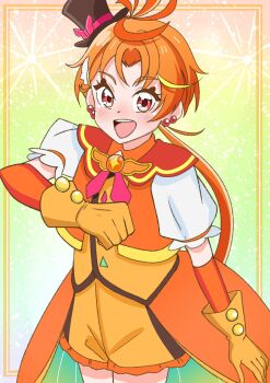 Rule 34 | 1boy, akizora (aki precure), antenna hair, bad id, bad twitter id, black hat, brooch, clenched hand, coattails, commentary, cowboy shot, cropped jacket, cure wing, earrings, frilled shorts, frills, gloves, hand on own chest, hat, highres, hirogaru sky! precure, jacket, jewelry, layered gloves, long hair, looking at viewer, magical boy, male focus, mini hat, mini top hat, open mouth, orange gloves, orange hair, orange jacket, orange shorts, orange vest, precure, puffy short sleeves, puffy sleeves, red eyes, short sleeves, shorts, smile, solo, standing, tailcoat, tilted headwear, top hat, two-sided fabric, vest, wing brooch, yuunagi tsubasa