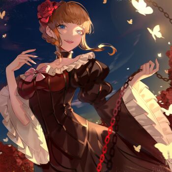 1girl beatrice_(umineko) black_choker blonde_hair blunt_bangs braid breasts bug butterfly chain choker crown_braid dress floating_hair floral_background flower frilled_choker frilled_sleeves frills gold_trim hair_flower hair_ornament highres holding holding_chain holding_leash insect leash light_particles looking_at_viewer medium_breasts night night_sky pov puffy_sleeves red_flower red_rose rose rose_background sidelocks sky smile solo striped_clothes striped_dress three-quarter_sleeves umineko_no_naku_koro_ni upper_body vertical-striped_clothes vertical-striped_dress viewer_on_leash wide_sleeves yellow_butterfly zhanzhan_lan
