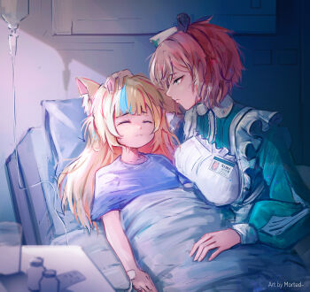 2girls absurdres animal_ears bed blonde_hair blue_hair breasts brown_hair cat_ears closed_eyes closed_mouth flat_chest glass green_eyes hand_on_another's_head hat highres hospital hospital_bed hospital_gown indie_virtual_youtuber large_breasts morted_art multicolored_hair multiple_girls nimi_nightmare nurse nurse_cap pill_bottle sameko_saba short_hair two-tone_hair virtual_youtuber
