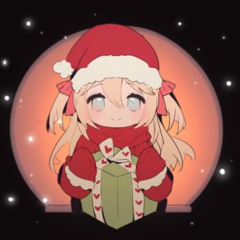 1girl ambermut blue_eyes closed_mouth commentary english_commentary gift gloves hair_between_eyes hair_ribbon hat highres holding holding_gift long_hair neuro-sama red_gloves red_ribbon red_scarf red_sweater ribbon santa_hat scarf smile snow solo sweater two_side_up upper_body vedal_ai virtual_youtuber