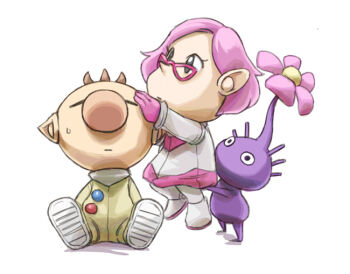 1boy 1girl big_nose black_eyes brittany_(pikmin) brown_hair buttons closed_eyes closed_mouth colored_skin commentary_request flower glasses hand_on_another&#039;s_head lifting_person miniskirt naru_(wish_field) nintendo no_headwear olimar pikmin_(creature) pikmin_(series) pink-framed_eyewear pink_flower pink_hair pink_skirt pointy_ears pointy_nose purple_hair purple_pikmin purple_skin shadow short_hair simple_background sitting skirt spacesuit straight-on sweatdrop triangular_eyewear very_short_hair white_background