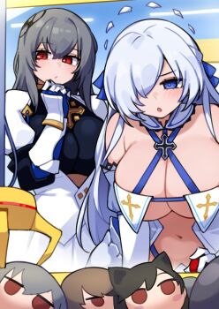 2girls armor azur_lane blue_eyes blue_ribbon breastplate breasts brennus_(azur_lane) commentary_request commission crane_game elbow_gloves gauntlets gloves grey_hair hair_ornament hair_ribbon kwaejina large_breasts leaning_forward multiple_girls navel red_eyes ribbon saint-louis_(azur_lane) shirt siblings sisters skirt strap stuffed_toy white_gloves white_hair white_shirt white_skirt