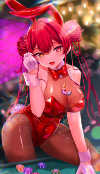 1girl absurdres alternate_costume between_breasts breasts commentary_request double_bun gloves hair_bun heterochromia highres hololive houshou_marine large_breasts leotard long_hair looking_at_viewer misakingu playboy_bunny poker_chip poker_table red_eyes red_hair red_leotard smile solo strapless strapless_leotard table virtual_youtuber white_gloves white_wrist_cuffs wrist_cuffs yellow_eyes