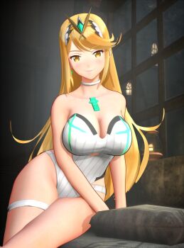 1girl 3d bare_shoulders blobcg blonde_hair blunt_bangs blush breasts chest_jewel choker cleavage closed_mouth earrings gem headpiece highres jewelry large_breasts long_hair looking_at_viewer mythra_(radiant_beach)_(xenoblade) mythra_(xenoblade) official_alternate_costume one-piece_swimsuit ribbed_swimsuit smile solo strapless strapless_one-piece_swimsuit striped_clothes striped_one-piece_swimsuit swept_bangs swimsuit thigh_strap tiara two-tone_swimsuit vertical-striped_clothes vertical-striped_one-piece_swimsuit very_long_hair white_choker white_one-piece_swimsuit xenoblade_chronicles_(series) xenoblade_chronicles_2 yellow_eyes