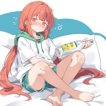 1girl :/ aqua_background aqua_shorts bare_legs barefoot bed_sheet blush bottle casual closed_mouth colored_eyelashes commentary_request crossed_ankles dolphin_shorts dot_nose drawstring drunk feet full_body green_hood highres holding holding_bottle hood hood_down hoodie indian_style legs light_frown long_hair looking_at_viewer low_twintails nose_blush on_bed pillow red_eyes red_hair revision short_shorts short_sleeves shorts sidelocks simple_background sitting snack_nili soles solo squeans toes tor_(snack_nili) totomono twintails very_long_hair virtual_youtuber white_background white_hoodie wine_bottle