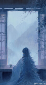 1boy absurdres blue_hair blue_theme branch cup earrings flower from_behind highres jewelry lanxi_zhen laojun_(the_legend_of_luoxiaohei) leaf long_hair long_sleeves luo_xiaohei_zhanji mountain plant rain solo very_long_hair weibo_6632877838 wide_sleeves