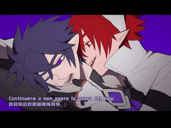 Rule 34 | 2boys, aotu world, arm ribbon, arms up, ascot, bite mark, biting, black hair, black jacket, black shirt, brooch, chinese text, dirty, dirty face, fur-trimmed jacket, fur trim, gem, gloves, goumao zhongdu aihaozhe, hand on another's chin, high collar, injury, jacket, jewelry, letterboxed, looking at another, looking down, male focus, multiple boys, neck biting, official alternate costume, one eye closed, open mouth, pius (aotu world), pointy ears, purple ascot, purple background, purple eyes, purple gemstone, purple hair, ray (aotu world), ray (thunder emperor) (aotu world), red eyes, red hair, ribbon, saliva, scar, sharp teeth, shirt, short hair, simple background, smile, spiked hair, teeth, white jacket, yaoi