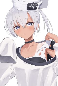 1girl absurdres armpits black_choker black_one-piece_swimsuit blush choker clothes_pull commentary_request dace_(kancolle) dixie_cup_hat grey_eyes grey_hair hat headgear highres kantai_collection l_meet long_sleeves looking_at_viewer military_hat one-piece_swimsuit one-piece_swimsuit_pull shirt simple_background sleeves_past_wrists solo swimsuit swimsuit_under_clothes tan tanline two-tone_one-piece_swimsuit upper_body white_background white_hat white_shirt