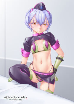 Rule 34 | 1girl, ^jj^, bikini, blush, breasts, commentary request, commission, cosplay, embarrassed, fate/grand order, fate (series), florence nightingale (fate), florence nightingale (trick or treatment) (fate), florence nightingale (trick or treatment) (fate) (cosplay), gloves, highleg, highleg bikini, highres, hoshino ruri, kidou senkan nadesico, layered bikini, looking to the side, microskirt, navel, pixiv commission, purple hair, revealing clothes, rubber gloves, shrug (clothing), side-tie bikini bottom, skirt, small breasts, solo, swimsuit, thighhighs, yellow eyes