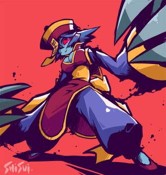 1girl artist_name back_bow baggy_pants blue_hair blue_pants blue_skin bow breasts claw_(weapon) cleavage cleavage_cutout clothing_cutout colored_skin commentary_request darkstalkers full_body glowing glowing_eyes hands_up hat hsien-ko jiangshi light_trail long_sleeves looking_at_viewer medium_breasts medium_hair ofuda pants qingdai_guanmao red_background red_eyes red_shoes shisui shoes smile solo weapon