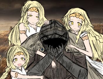 4boys age_comparison armband armor black_sky black_souls black_souls_2 blonde_hair braid brown_cape cape closed_mouth dot_nose dress elden_ring full_armor game_screenshot_background gauntlets hand_on_another&#039;s_head hand_on_own_face holding_another&#039;s_arm long_hair looking_at_another meme miquella_(elden_ring) multiple_boys open_mouth orange_pupils parody screenshot_background skk_kanchou sky sleeveless smile sushi_yuusha_toro_(style) tarnished_(elden_ring) trap twin_braids where_is_alice_(meme) white_dress yellow_eyes