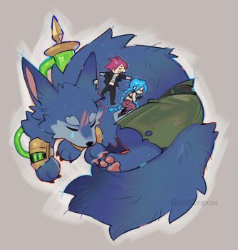 1boy 2girls animal_ears arcane:_league_of_legends arcane_jinx arcane_vi artist_name bandaged_chest bandaid bandaid_on_face black_pants black_shirt blue_hair braid chibi chiffonpaw commentary highres jinx_(league_of_legends) league_of_legends multiple_girls pants pawpads pink_hair purple_pants scar scar_on_face shirt sleeping symbol-only_commentary tail teardrop tube twintails twitter_username vi_(league_of_legends) warwick wolf_boy wolf_ears wolf_tail