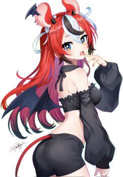 Rule 34 | 1girl, animal ears, ass, black shorts, blue eyes, breasts, demon costume, demon wings, detached sleeves, dice hair ornament, finger to mouth, ghosttbyun, hair ornament, hakos baelz, highres, hololive, hololive english, long hair, medium breasts, midriff, mouse ears, mouse tail, multicolored hair, red hair, red nails, sharp teeth, shorts, signature, streaked hair, tail, teeth, virtual youtuber, white background, wings