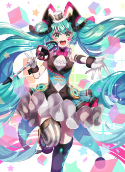 Rule 34 | 1girl, aqua eyes, aqua hair, asymmetrical legwear, bow, bowtie, commentary request, detached sleeves, dress ruff, foot out of frame, frills, hair ornament, hat, hatsune miku, highres, holding, holding wand, kuro (ning2763), long hair, looking at viewer, magical mirai (vocaloid), magical mirai miku, magical mirai miku (2019), microphone, microphone wand, mini hat, mini top hat, miniskirt, mismatched legwear, neck ruff, official alternate costume, official alternate hairstyle, open mouth, pink bow, pink bowtie, skirt, smile, solo, teeth, thighhighs, top hat, twintails, upper teeth only, very long hair, vocaloid, wand
