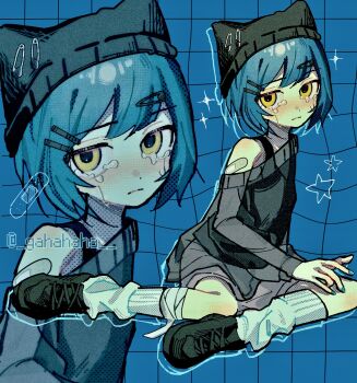 1other :| aqua_hair aqua_nails aqua_outline bandaged_leg bandages bandaid bandaid_on_arm beanie black_shoes black_sweater black_tank_top blue_background bob_cut closed_mouth commentary crying crying_with_eyes_open dot_nose drop_shadow earflap_beanie expressionless flat_chest full_body hair_ornament hairclip hairpin hat highres leg_warmers looking_at_viewer multiple_hairpins original outline pleated_skirt sashimisu shoes single_bare_shoulder sitting skirt solo star_(symbol) sweater swept_bangs tank_top tears turning_head twitter_username white_leg_warmers x-ray yellow_eyes yokozuwari zoom_layer