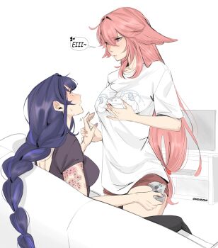 2girls animal_ears arm_tattoo black_shirt blush braid commentary controller couch english_commentary flower_tattoo fox fox_ears game_controller genshin_impact grabbing_another's_breast groping guided_breast_grab guiding_hand highres holding holding_controller holding_game_controller long_hair multiple_girls on_couch open_mouth pink_hair pink_nails pout purple_eyes purple_nails raiden_shogun red_shorts seijousai shirt shorts simple_background single_braid sitting sweat tattoo television white_background white_shirt yae_miko yuri