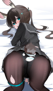 1girl :o absurdres amiya_(arknights) animal_ears arknights ass black_pantyhose black_sailor_collar black_shirt black_skirt blue_eyes blush chinese_commentary commentary_request crotch_seam double-parted_bangs hair_between_eyes highres looking_at_viewer looking_back miniskirt panties panties_under_pantyhose pantyhose parted_lips rabbit_ears rabbit_girl rabbit_tail raised_inner_eyebrows sailor_collar shenmi_de_xigua shirt skirt solo striped_clothes striped_panties tail top-down_bottom-up torn_clothes torn_pantyhose underwear variant_set