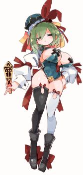 Rule 34 | 1girl, absurdres, alternate costume, animal ears, asymmetrical hair, asymmetrical legwear, black boots, black thighhighs, blue hat, blue leotard, blush, boots, breasts, cross, cross pasties, epaulettes, full body, green hair, groin, hat, highres, holding, large breasts, leotard, long sleeves, looking at viewer, massakasama, mismatched legwear, pasties, playboy bunny, rabbit ears, rod of remorse, shiki eiki, shrug (clothing), simple background, solo, strapless, strapless leotard, thighhighs, touhou, white background, white shrug, white thighhighs, zipper pull tab