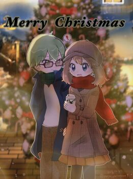 1boy 1girl beret black_pantyhose blue_eyes blurry blush bokeh brown_hair christmas christmas_lights christmas_tree city_lights coat commentary cup depth_of_field drew_(pokemon) glasses green_eyes green_hair hat highres holding holding_cup long_coat may_(pokemon) merry_christmas night nintendo pantyhose pokemon pokemon_(anime) pokemon_rse_(anime) red_scarf scarf surprised winter winter_clothes xrqu2xk8qb47501