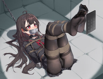 1girl absurdres ahoge arms_behind_back bdsm black_pantyhose black_serafuku black_shirt blush bondage bound bound_arms bound_legs box_tie breast_bondage breasts brown_hair chain chain_leash collar collarbone crotch_rope gag gagged highres improvised_gag leash legs_up long_hair looking_to_the_side lying midriff neckerchief on_back original panties panties_under_pantyhose pantyhose red_eyes red_neckerchief restrained sailor_collar school_uniform serafuku shibari shibari_over_clothes shirt skindentation slave small_breasts solo tape tape_gag underwear very_long_hair white_panties xiongmao