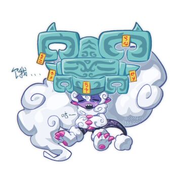 character_request confeito000_333 demon digimon digimon_(creature) full_body long_hair simple_background sitting talisman white_background white_hair