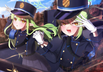 2girls :d absurdres armband belt black_belt black_hat black_jacket black_skirt blue_archive blue_armband buttons commentary_request cowboy_shot day double-breasted eyelashes fang floating_hair green_hair green_halo hair_between_eyes hakuchon821 halo hands_up hat highres hikari_(blue_archive) holding_hands interlocked_fingers jacket long_hair long_sleeves looking_at_viewer making_faces multiple_girls nozomi_(blue_archive) open_mouth outdoors peaked_cap pleated_skirt pointy_ears riding siblings sidelocks sisters skin_fang skirt smile sparks triangle_mouth tsurime twins twintails white_hair yellow_eyes yellow_pupils