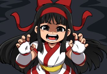 Rule 34 | 1girl, ainu clothes, black hair, breasts, claw pose, fingerless gloves, gloves, grey eyes, hair ribbon, highres, long hair, looking at viewer, nakoruru, open mouth, ribbon, samurai spirits, shaded face, small breasts, snk, solo, teeth, the king of fighters, tongue, yuuya (blue scarab)