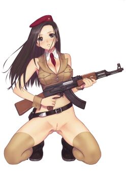 1girl ak-47 assault_rifle belt black_eyes black_hair boots bottomless breasts cleavage cleft_of_venus female_focus gun hat highres kalashnikov_rifle large_breasts necktie nude_filter pubic_stubble pussy rifle solo third-party_edit tony_taka uncensored weapon