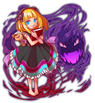 1girl 1other alternate_costume alternate_eye_color anime_coloring aqua_eyes arm_tattoo artist_request bandaged_head bandages bare_arms barefoot black_dress black_hairband blonde_hair blunt_bangs bob_cut book child collar colored_sclera crash_fever detached_collar dress eve's_friend eve_(crash_fever) evil_grin evil_smile flower_hairband frilled_dress frills full_body game_cg ghost grin hairband holding holding_book knees_apart_feet_together looking_at_viewer medium_hair neck_ribbon number_tattoo numbered official_alternate_costume official_alternate_eye_color official_art open_clothes open_mouth outline pigeon-toed pink_ribbon pink_sclera purple_outline red_outline ribbon sharp_teeth simple_background sleeveless sleeveless_dress slit_pupils smile square square_tattoo standing stuffed_animal stuffed_toy tachi-e tattoo teddy_bear teeth third-party_source toes tongue transparent_background white_collar wrist_ribbon wrist_wrap