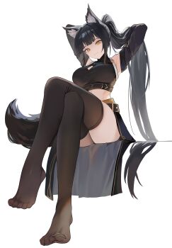 1girl :3 absurdres animal_ear_fluff animal_ears arm_belt armpits arms_behind_head arms_up bare_shoulders belt black_hair black_shirt black_skirt breasts brown_thighhighs cleavage_cutout closed_mouth clothing_cutout commission crop_top crossed_legs detached_sleeves full_body high_ponytail highres invisible_chair large_breasts long_hair long_sleeves looking_at_viewer midriff mole mole_on_shoulder nbee_ya no_shoes original ponytail shirt sidelocks simple_background sitting skindentation skirt sleeveless sleeveless_shirt sleeveless_turtleneck smile solo tail thighhighs toes turtleneck very_long_hair white_background wolf_ears wolf_girl wolf_tail yellow_eyes