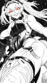 1girl armor ass breasts commentary from_below hairband hatching_(texture) highres large_breasts lips looking_at_viewer lupa_(wuthering_waves) metal_hairband monochrome muscular muscular_female orange_eyes smile spot_color teeth twintails websake wuthering_waves