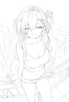 1girl against_railing alternate_costume braid braided_bangs breasts cleavage closed_mouth collarbone commentary ddcc0123 earrings hair_between_eyes hair_ornament highres jewelry long_hair looking_at_viewer lynae_(wuthering_waves) medium_breasts midriff navel outdoors railing short_shorts shorts sketch skull_hair_ornament smile solo star_(symbol) star_earrings thighs wuthering_waves