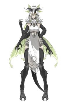 1girl absurdres antennae arthropod_girl bad_link black_sclera breasts claws colored_sclera colored_skin dress extra_arms fangs green_eyes green_hair green_wings hair_between_eyes highres indie_virtual_youtuber insect_girl insect_wings juniper_(artist) juniper_actias juniper_actias_(snoth) large_breasts long_hair mandibles monster_girl moth_antennae moth_girl multicolored_hair official_alternate_costume official_art pointy_ears reference_sheet skin_fangs snake_girl snake_tail solo standing tail thighs virtual_youtuber white_dress white_hair white_skin wings