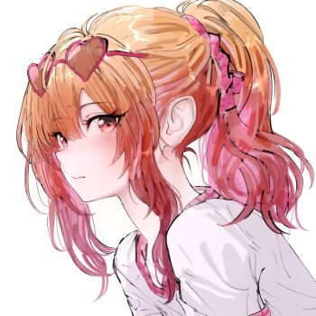 1girl alternate_costume alternate_hairstyle blush closed_mouth commentary english_commentary gradient_hair heart heart-shaped_pupils hololive hololive_dev_is ichijou_ririka looking_at_viewer multicolored_hair orange_eyes orange_hair pink_hair ponytail seeledayo shirt solo symbol-shaped_pupils virtual_youtuber white_background white_shirt